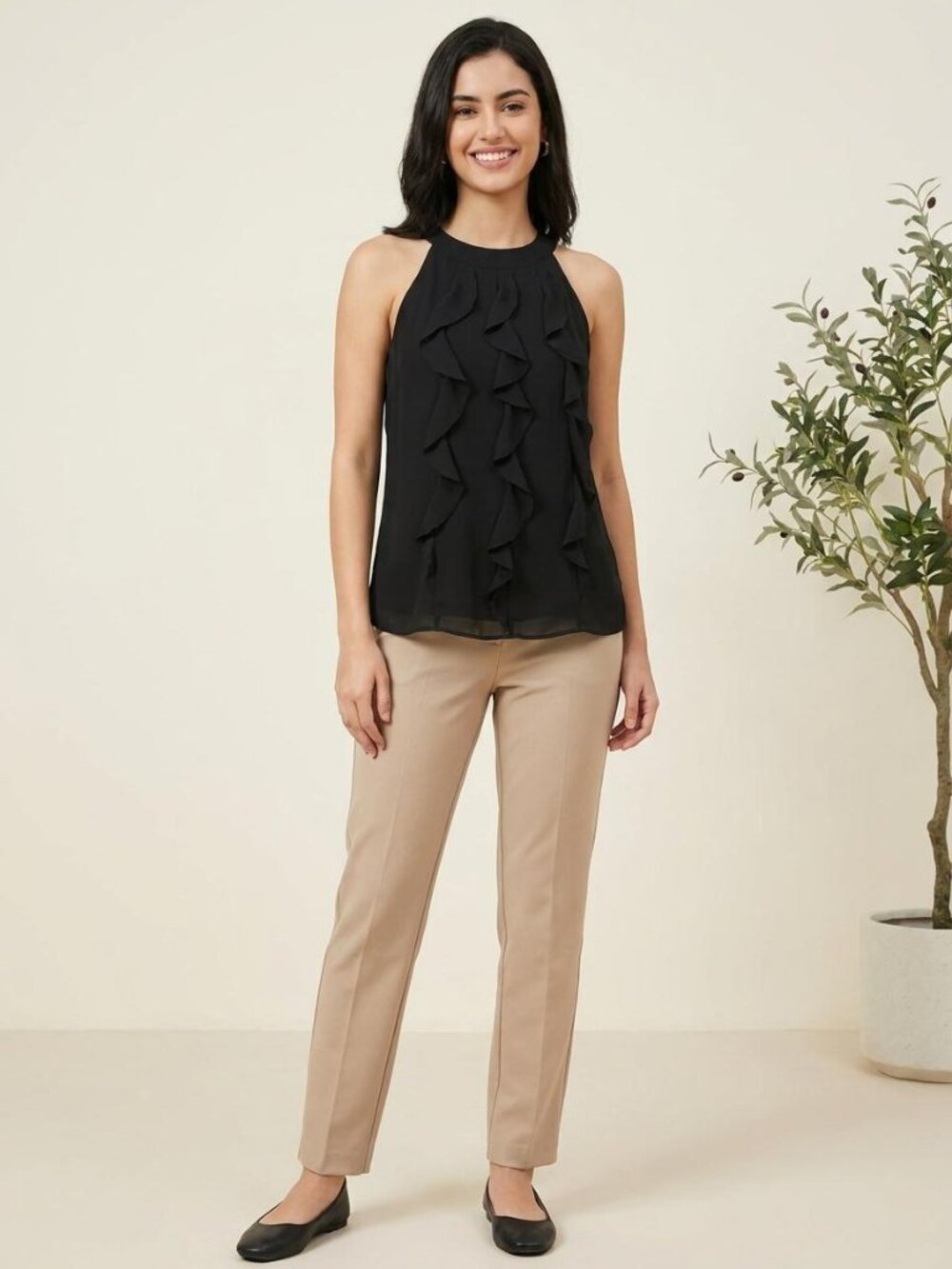 Ann Taylor Black Ruffle Front Halter Blouse Shell Size 14